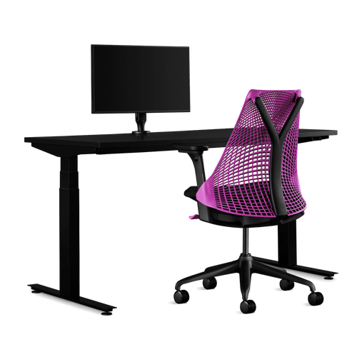 Paquete de juegos de Herman Miller, que incluye un escritorio para trabajar de pie Nevi, un brazo para monitor Ollin y una silla Sayl en rosa interestelar.