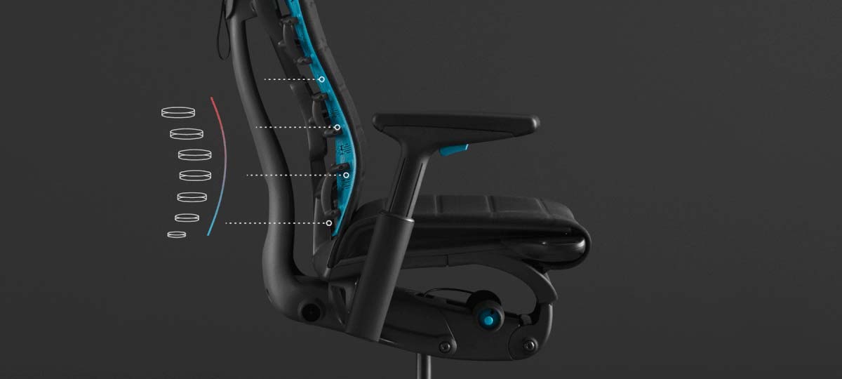 Una animación resaltando el apoyo para la columna vertebral PostureFit en la silla para videojuegos Embody; la animación está superpuesta en una foto de la silla con un fondo negro.