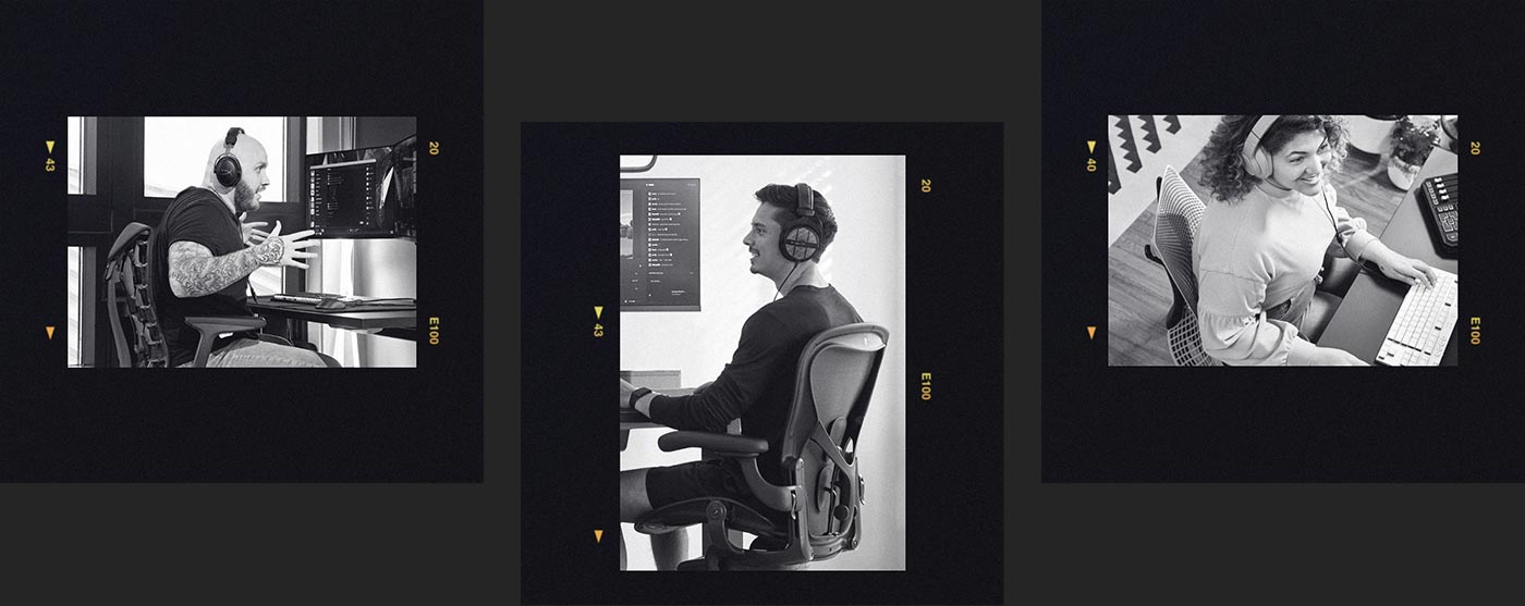 Un collage de fotos en blanco y negro muestra a tres jugadores en sus entornos de juego con sillas Embody y Sayl.