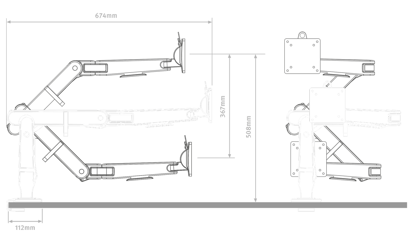 Ilustración en blanco con un fondo negro del brazo articulado para monitor Ollin que muestra las especificaciones de altura.