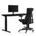 Paquete de juegos de Herman Miller, que incluye un escritorio Nevi para trabajar de pie o sentado, un brazo para monitor Ollin y una silla Logitech G Embody en negro.