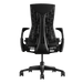 Vista trasera de una silla de oficina negra Logitech G Embody de Herman Miller Gaming, diseñada por Bill Stumpf y Jeff Weber.