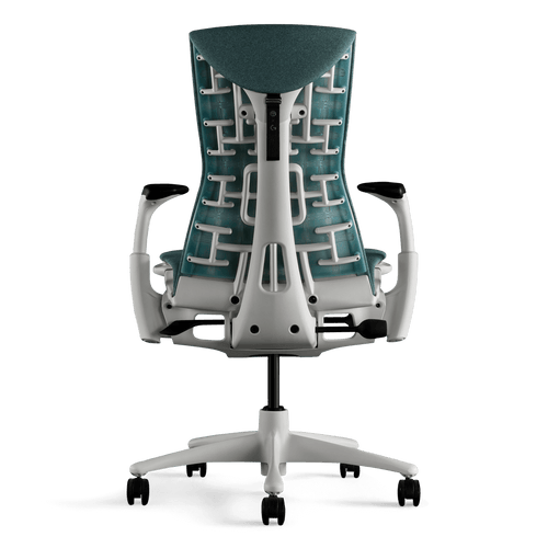 Vista del respaldo de una silla de juego Herman Miller X Logitech Embody azul, verde y blanca en Galaxy
