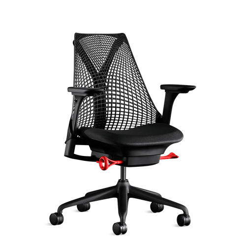 Vista frontal de una silla de oficina Sayl negra de Herman Miller, diseñada por Yves Béhar.