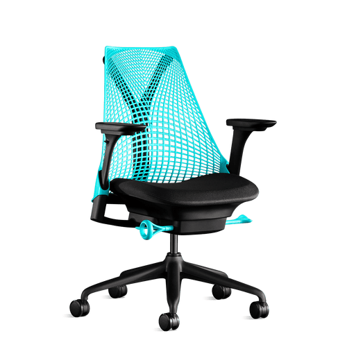 Vista frontal de una silla de oficina Sayl azul océano profundo de Herman Miller, diseñada por Yves Béhar.