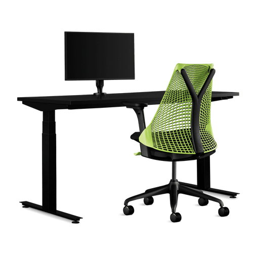 Paquete de juegos de Herman Miller, que incluye un escritorio para trabajar de pie Nevi, un brazo para monitor Ollin y una silla Sayl en verde neón.