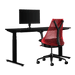 Paquete de juegos de Herman Miller, que incluye un escritorio para trabajar de pie Nevi, un brazo para monitor Ollin y una silla Sayl en rojo.